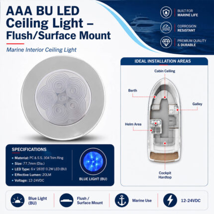 AAA blue LED ceiling light flush and surface mount specifications and marine interior installation guide