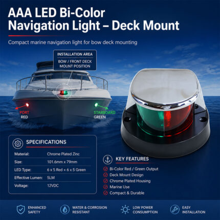 AAA LED bi-color deck mount navigation light specification and port-starboard installation diagram
