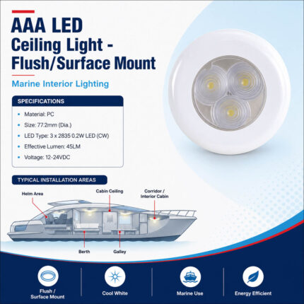 AAA LED ceiling light flush and surface mount specifications and marine interior installation guide