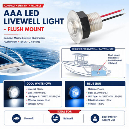 AAA LED Livewell Light – Flush Mount specification and installation guide for boat bait tanks