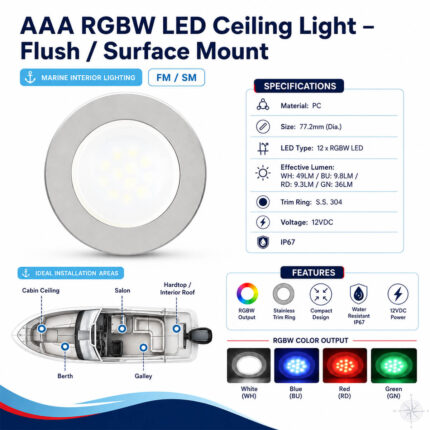 AAA RGBW LED ceiling light flush and surface mount specifications and boat cabin installation guide