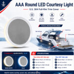AAA round LED courtesy light specifications and installation guide with S.S. 304 full-rim trim cover for boats