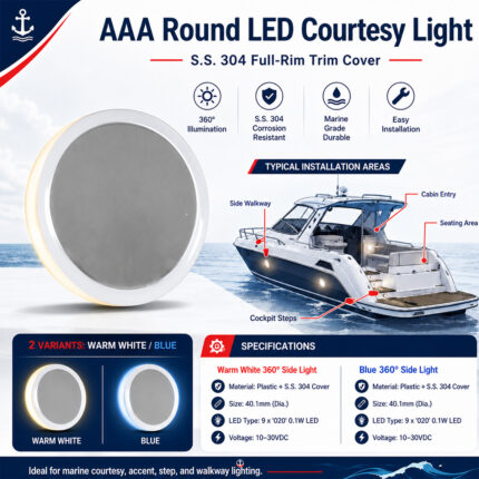 AAA round LED courtesy light specifications and installation guide with S.S. 304 full-rim trim cover for boats