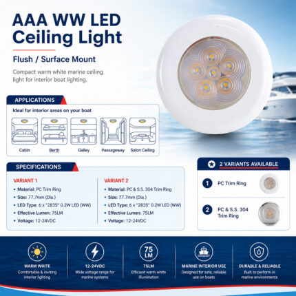 AAA warm white LED ceiling light flush and surface mount specifications and marine interior installation guide