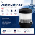 Anchor Light 4.52 inch specifications showing 12V/24V DC voltage, 1NM visibility, splashproof design, and BAY15D or LED options