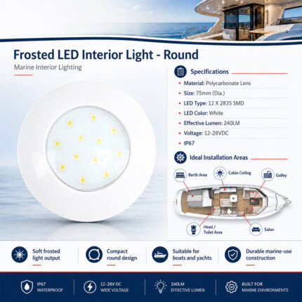 Frosted round LED interior light specifications and installation guide for boats