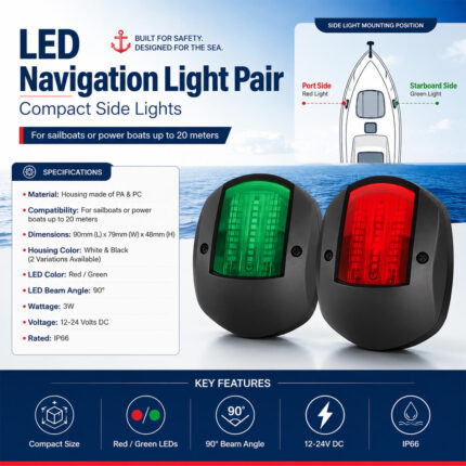 Compact LED navigation light pair specification and port-starboard side installation diagram for boats