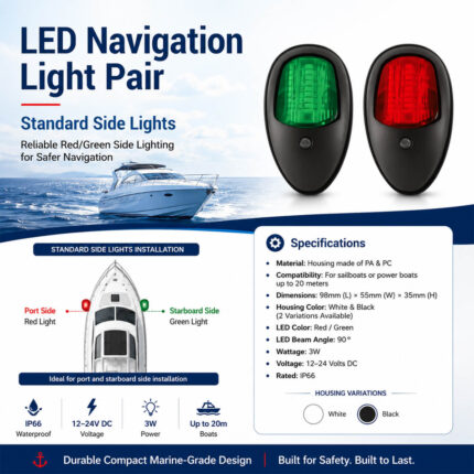 LED navigation light pair specification and port-starboard side installation diagram for boats