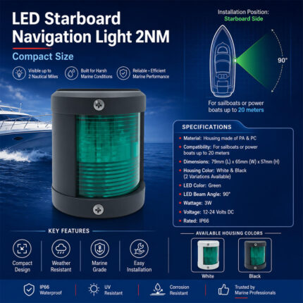 LED Starboard Navigation Light 2NM compact size specification and starboard-side boat installation diagram