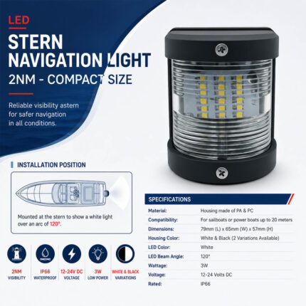 LED Stern Navigation Light 2NM compact size specification and stern installation diagram