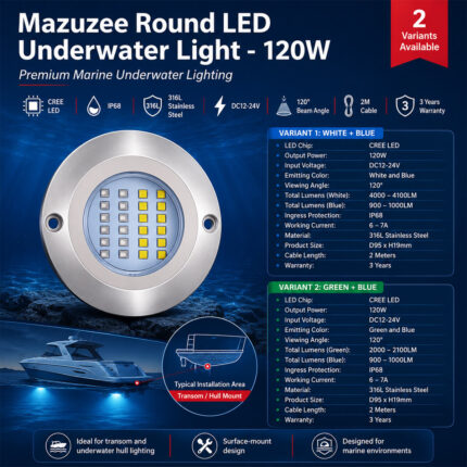 Mazuzee round 120W LED underwater light specification and installation guide for boats and yachts