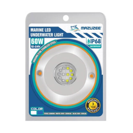 Mazuzee round 60W white and blue LED underwater light for yachts, boats, and marine vessels