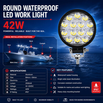 Round waterproof 42W LED work light specification and boat installation guide