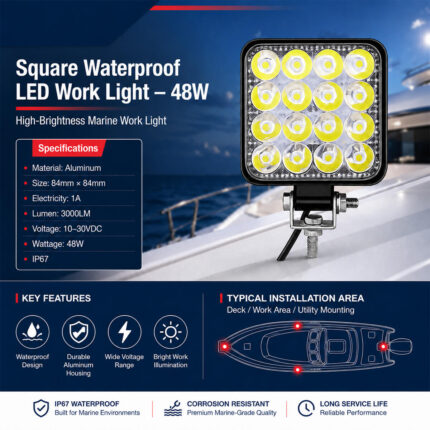 Square waterproof 48W LED work light specification and boat installation guide