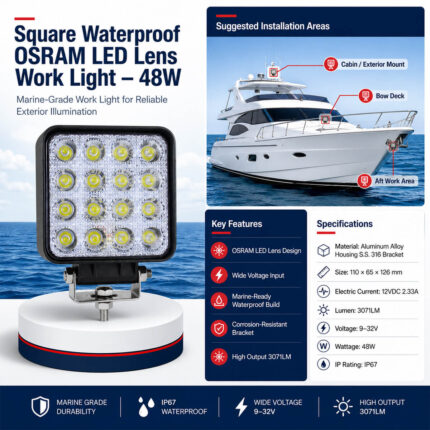 Square waterproof OSRAM LED lens 48W work light specification and boat installation guide