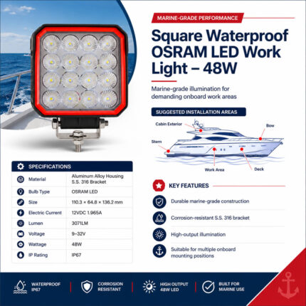 Square waterproof OSRAM 48W LED work light specification and boat installation guide