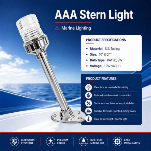 Stainless steel stern light for boat with clear lens