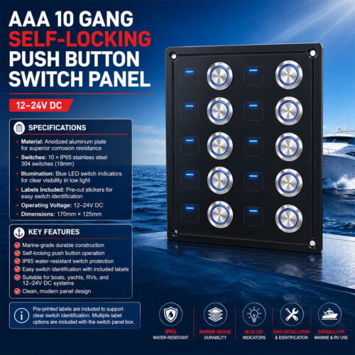 AAA 10 Gang Self-Locking Push Button Switch Panel 12–24V DC Specifications and Installation Guide