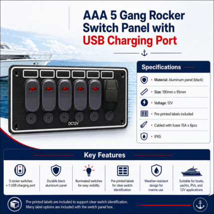 AAA 5 Gang Rocker Switch Panel with USB Charging Port Specifications and Installation Guide