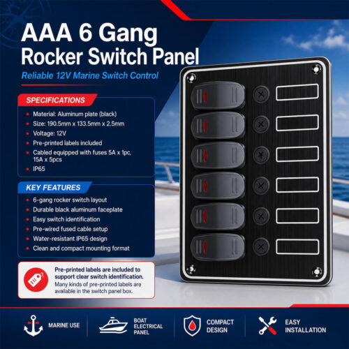 AAA 6 Gang Rocker Switch Panel specification and installation guide