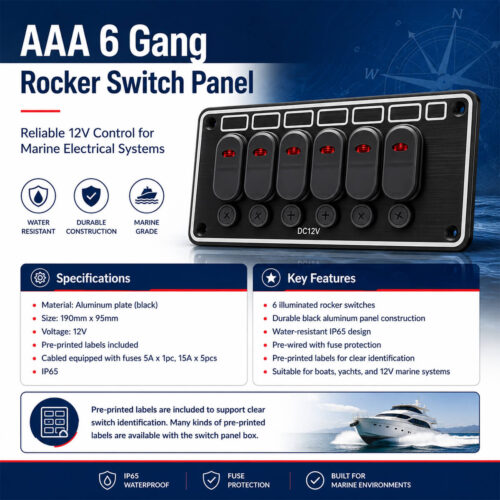 AAA 6 Gang Rocker Switch Panel specifications and installation guide for 12V marine boat electrical systems