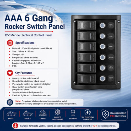 AAA 6 gang rocker switch panel specification and installation guide for marine boat electrical systems