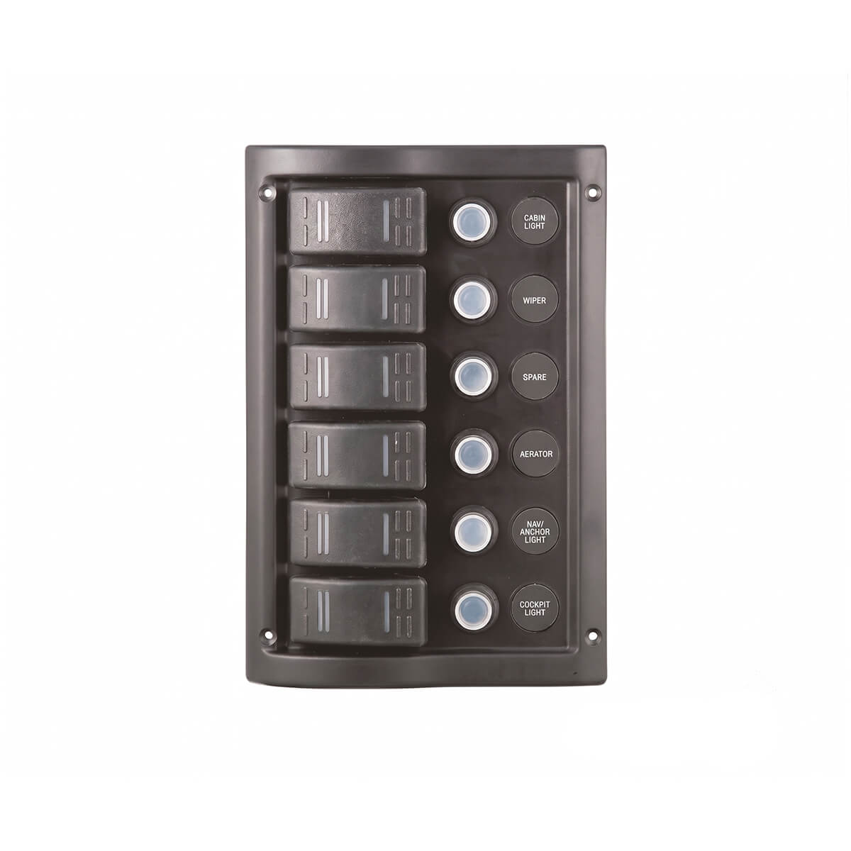 AAA 6 Gang Rocker Switch Panel AAA 6 gang rocker switch panel for marine boats with labelled switches and circuit breakers