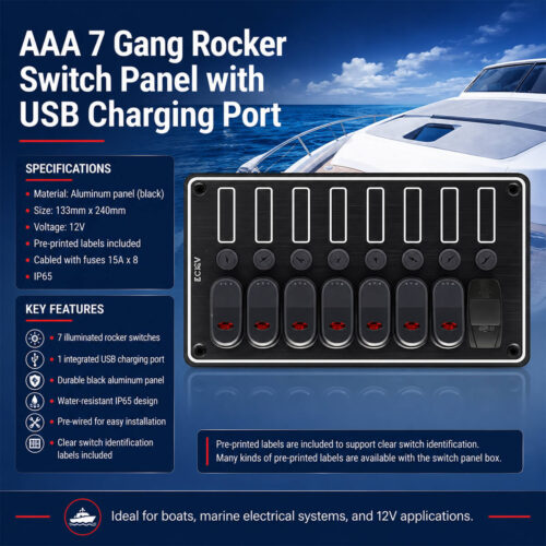 AAA 7 Gang Rocker Switch Panel with USB Charging Port Specifications and Installation Guide