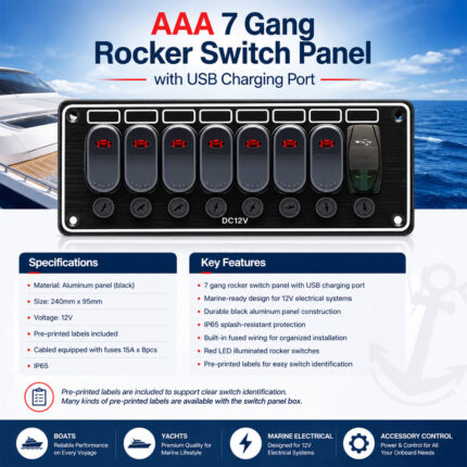 AAA 7 Gang Rocker Switch Panel with USB Charging Port Specifications and Installation Guide