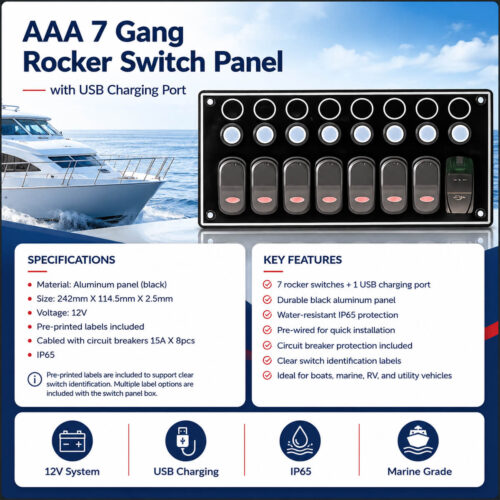 AAA 7 Gang Rocker Switch Panel with USB charging port specification and installation guide