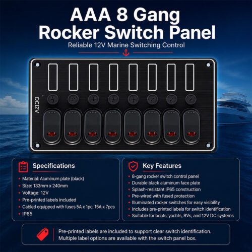 AAA 8 Gang Rocker Switch Panel Specifications and Installation Guide