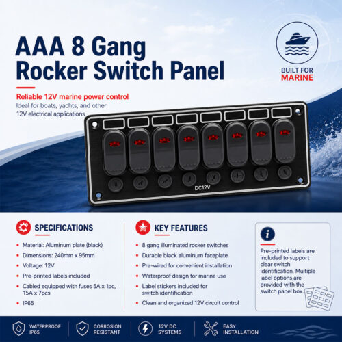 AAA 8 Gang Rocker Switch Panel Specifications and Installation Guide for 12V Marine Boat Applications