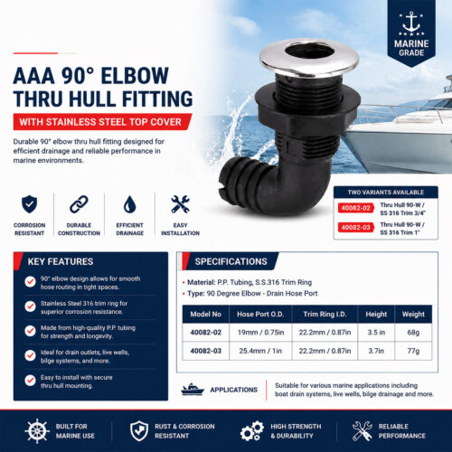 AAA 90 degree elbow thru hull fitting with stainless steel top cover specification and installation guide for marine drain port and water outlet