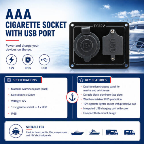 AAA cigarette socket with USB port specifications and installation guide for 12V marine power outlet