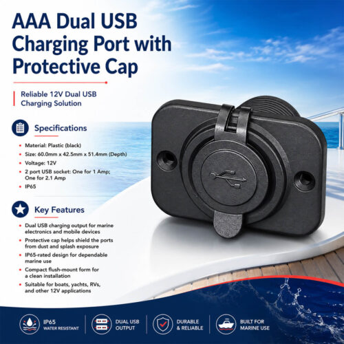 AAA dual USB charging port with protective cap specifications and installation guide for boats