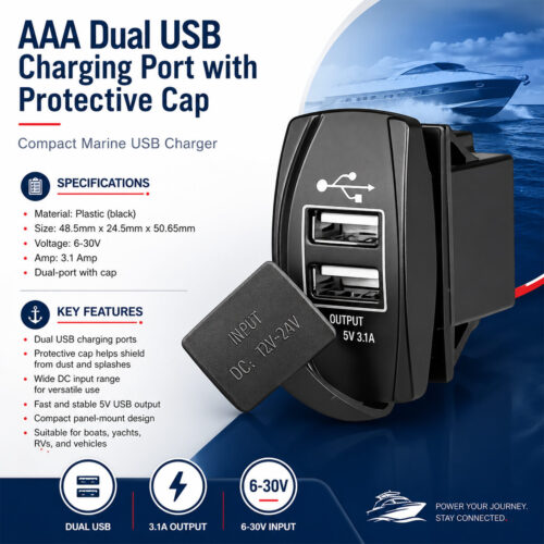 AAA dual USB charging port with protective cap specifications and installation guide for boats