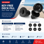 AAA Key Free Deck Fill For Boat Specification and Installation guide showing marine deck filler details, features, and fitting instructions