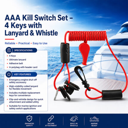 AAA kill switch set with 4 keys, safety lanyard and whistle specifications and installation guide