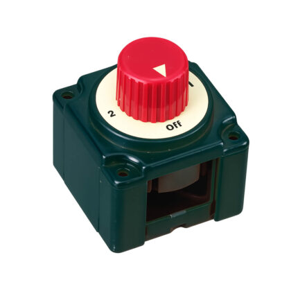 AAA mini battery switch with knob for marine and boat electrical systems, suitable for battery disconnect and selector switch applications.