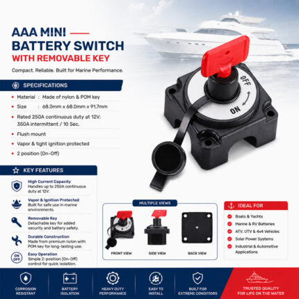 AAA mini battery switch with removable key specification and installation guide for marine and boat battery disconnect systems.