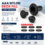 AAA Nylon Deck Fill 1-1/2 Inch Specification and Installation guide showing marine deck filler details, hose size, and fitting instructions