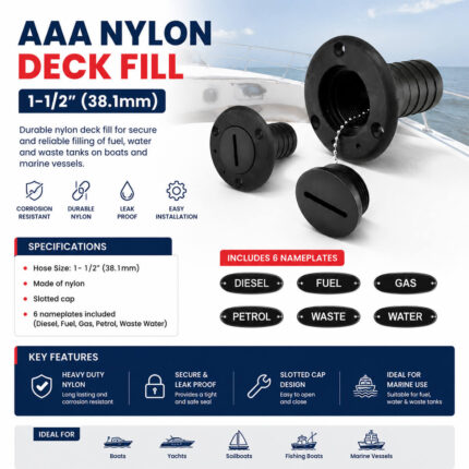 AAA Nylon Deck Fill 1-1/2 Inch Specification and Installation guide showing marine deck filler details, hose size, and fitting instructions