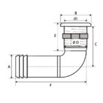CANSB 90 degree thru hull fitting with SS top cover dimension drawing for marine water outlet and thru hull connector installation