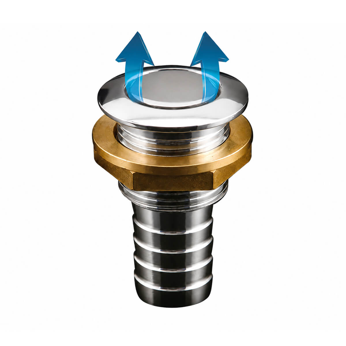 Chrome Plated Brass Fuel Tank Vent – Boat Gas Tank Air Breather Chrome Plated Brass Fuel Tank Vent – Boat Gas Tank Air Breather with 16 mm hose connection for reliable marine fuel tank ventilation.