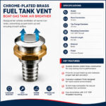 Chrome Plated Brass Fuel Tank Vent – Boat Gas Tank Air Breather specification and installation guide with dimensions, hose connection, and mounting details.