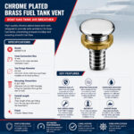 Chrome Plated Brass Fuel Tank Vent – Boat Gas Tank Air Breather specification and installation guide with dimensions, hose connection, and mounting details.