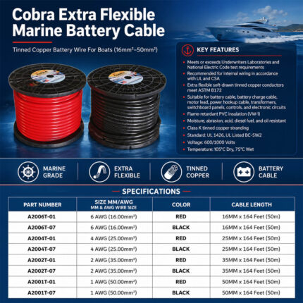 Cobra Extra Flexible Marine Battery Cable 16mm²-50mm² specification and installation guide for tinned copper boat battery wiring systems