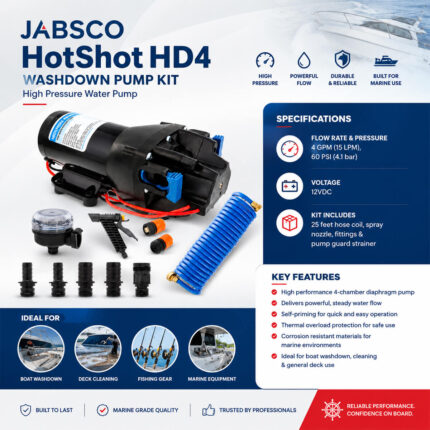 JABSCO HotShot HD4 washdown pump specification and installation guide for high pressure water pump used on boats.