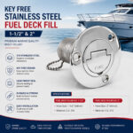 Key Free Stainless Steel Fuel Deck Fill 1-1/2" & 2" Specification and Installation guide showing product details, hose sizes, and marine fitting instructions