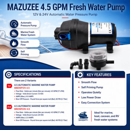 MAZUZEE 4.5 GPM Automatic Fresh Water Pump 12V and 24V water pressure pump specification and installation guide